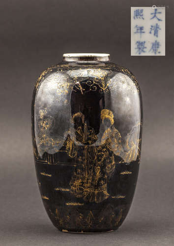 Chinese Antique Kangxi Black&Gold Glazed Porcelain Vase