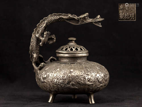 Chinese Antique Silver Round Incense Burner