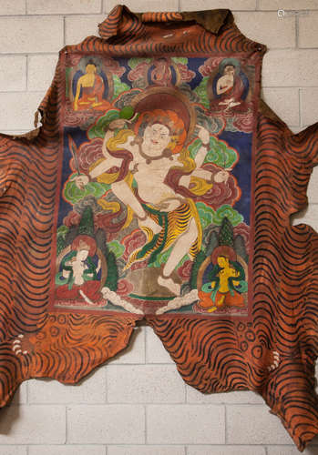 19th Chinese Antique Cowhide Tibet Tangka