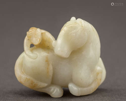 Chinese Antique 18TH Jade Horse with Monkey