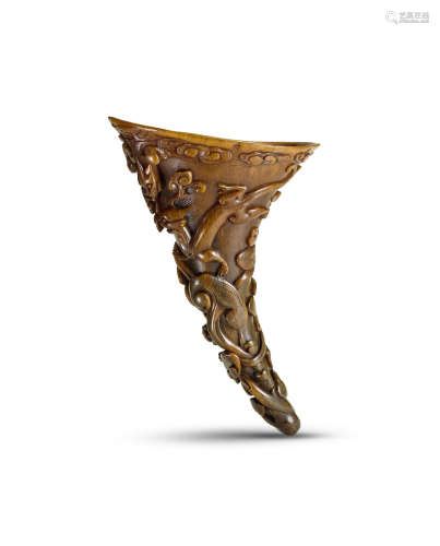 十七世纪 犀角雕螭龙卷云灵芝杯