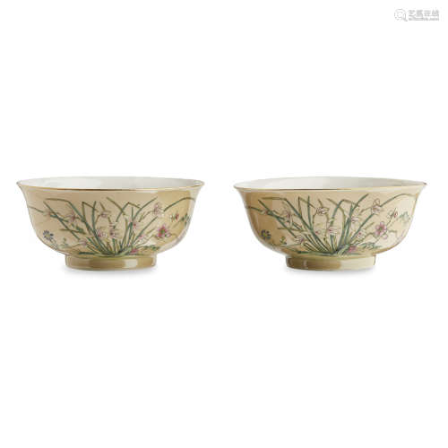 PAIR OF CAFÉ-AU-LAIT-GROUND 'NARCISSUS' BOWLS DAOGUANG SIX-CHARACTER SEAL MARK AND OF THE PERIOD
