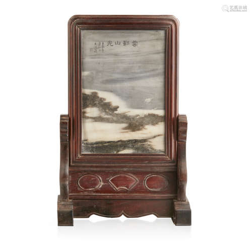 DREAMSTONE-INSET BLACKWOOD TABLE SCREEN SIGNED WU DACHENG (1835-1902), DATED 1892