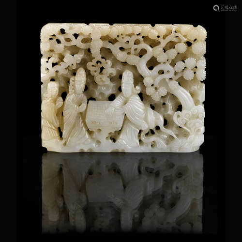 RETICULATED WHITE JADE FIGURAL PLAQUE YUAN DYNASTY