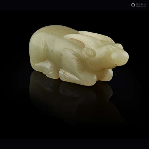 YELLOW JADE CARVED MODEL OF A RAM QING DYNASTY, 17TH/18TH CENTURY