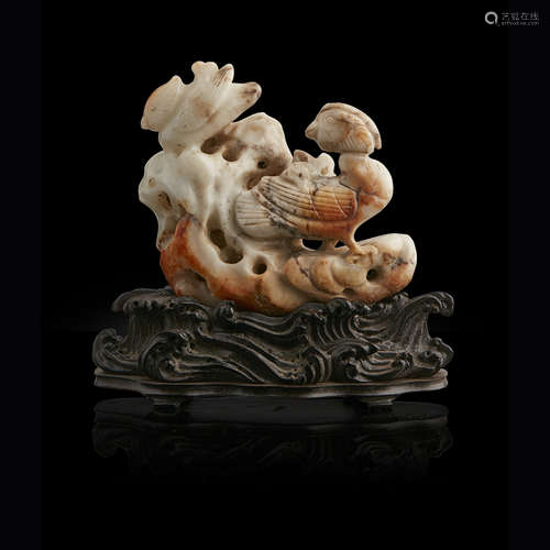 CARVED JADE 'MANDARIN DUCKS' GROUP LATE MING DYNASTY