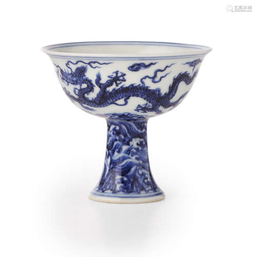 HIGHLY IMPORTANT BLUE AND WHITE 'DRAGON' STEM CUP XUANDE SIX-CHARACTER MARK AND OF THE PERIOD