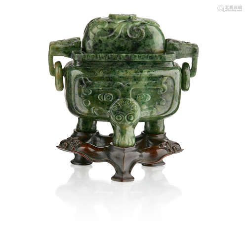 BURMESE JADE CARVED MINIATURE TRIPOD CENSER AND COVER QING DYNASTY, 19TH CENTURY