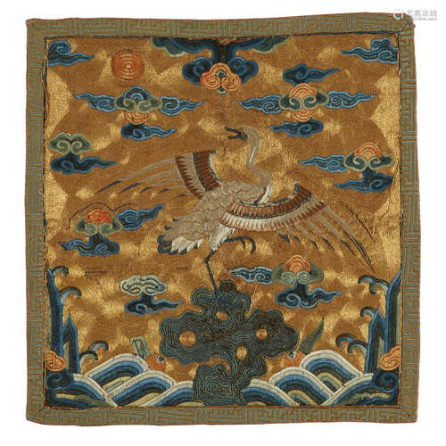 RARE EMBROIDERED CIVIL OFFICIAL'S 'WILD GOOSE' RANK BADGE KANGXI PERIOD