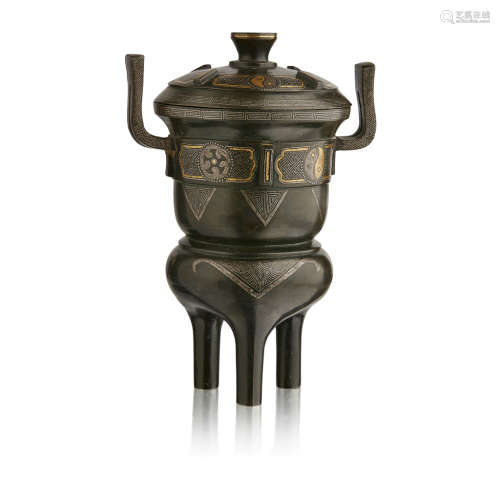 GOLD AND SILVER-INLAID BRONZE TRIPOD CENSER AND COVER QING DYNASTY, 18TH CENTURY