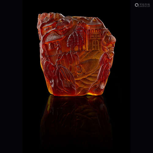 RARE AMBER CARVED 'MOUNTAIN' GROUP QING DYNASTY