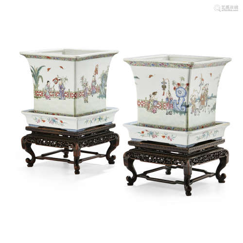 FINE PAIR OF FAMILLE ROSE 'WU ZI DENG KE' JARDINIÈRES AND STANDS LINZHI CHENGXIANG FOUR-CHARACTER MARK, REPUBLIC PERIOD