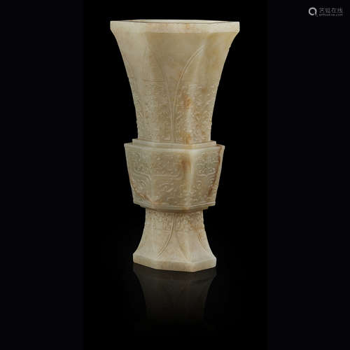 FINELY CARVED YELLOW JADE HEXAGONAL VASE, GU QING DYNASTY, 18TH/19TH CENTURY