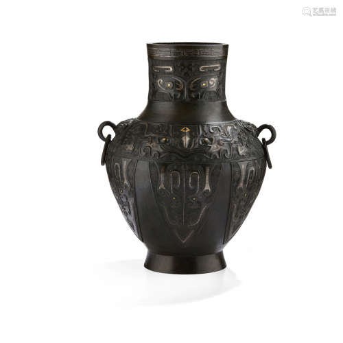 ARCHAISTIC GOLD AND SILVER-INLAID BRONZE VASE, HU QING DYNASTY