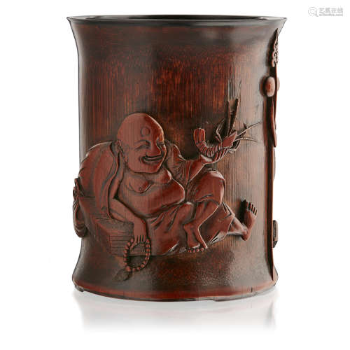 CARVED AND INSCRIBED 'BUDAI' BAMBOO BRUSHPOT QING DYNASTY, 17TH CENTURY