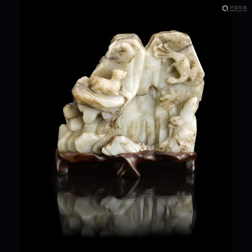 CARVED WHITE AND GREY JADE BOULDER QING DYNASTY, 18TH CENTURY