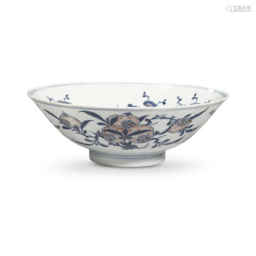 UNDERGLAZE RED DECORATED BLUE AND WHITE CONICAL BOWL QIANLONG SEAL MARK AND OF THE PERIOD