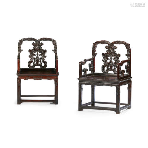 PAIR OF CARVED ZITAN AND HUALI-WOOD ARMCHAIRS QING DYNASTY, LATE 18TH/EARLY 19TH CENTURY