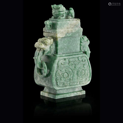 JADEITE ARCHAISTIC VASE AND COVER QING DYNASTY, 19TH CENTURY