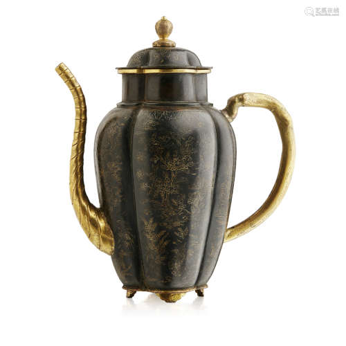 PARCEL-GILT BRONZE MELON FORM EWER AND COVER QING DYNASTY, EARLY 18TH CENTURY