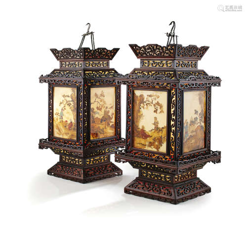 RARE PAIR OF ZITAN AND REVERSE-PAINTED GLASS HANGING LANTERNS QING DYNASTY, 18TH/19TH CENTURY
