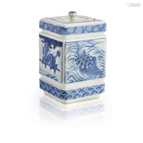 BLUE AND WHITE SQUARE WATER POT AND COVER MARKED TWENTY-FORTH YEAR OF JIAQING (1819)