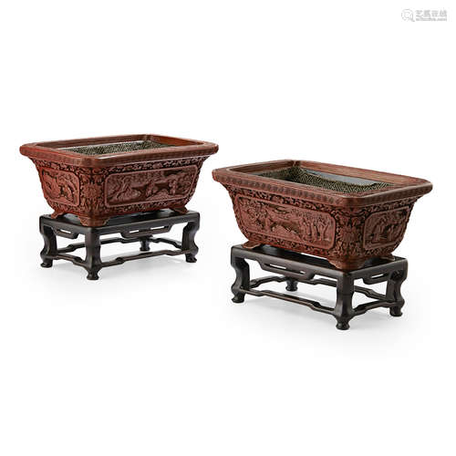 PAIR OF CARVED OCHRE-YELLOW LACQUER JARDINIÈRES QING DYNASTY, 19TH CENTURY