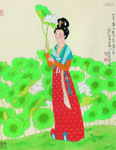 潘絜兹 仕女 镜芯 设色纸本