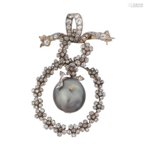 A natural pearl, diamond and platinum pendant/brooch