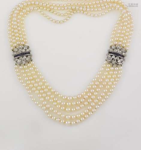 A five rows pearl, diamond and sapphire necklace