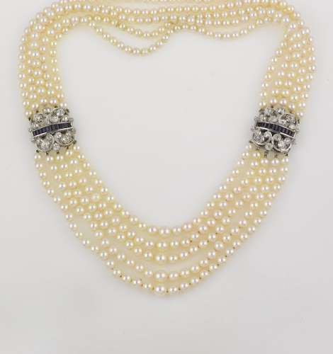 A five rows pearl, diamond and sapphire necklace