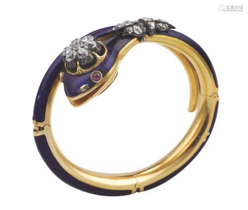 An enamel and diamond bangle. Fitted case