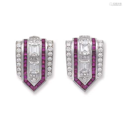 A pair of diamond and ruby clips