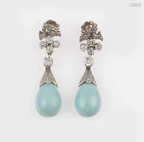 A pair of diamond and turquoise pendant earrings