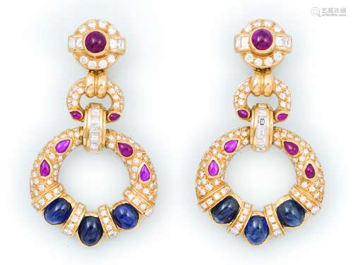 A pair of diamond, sapphire and ruby pendent earrings