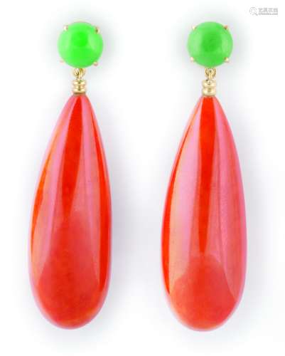A pair of coral and jadeite pendent earrings