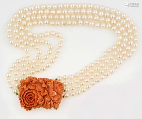 A cutured pearl and coral necklace