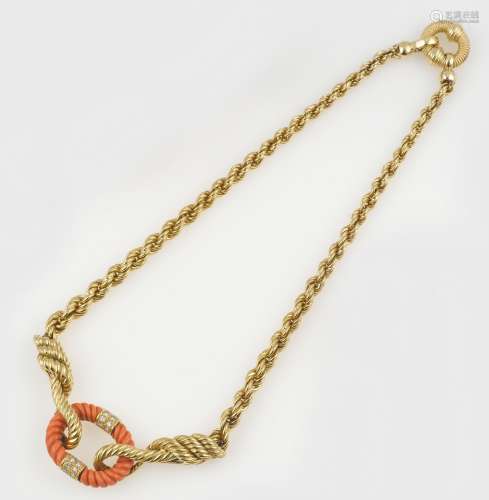 A coral, diamond and gold necklace