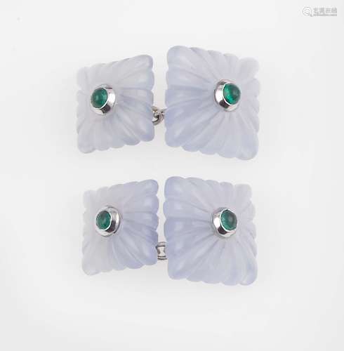 A pair of chalcedony and emerald cufflinks