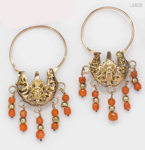 A pair of coral and gold pendent earrings