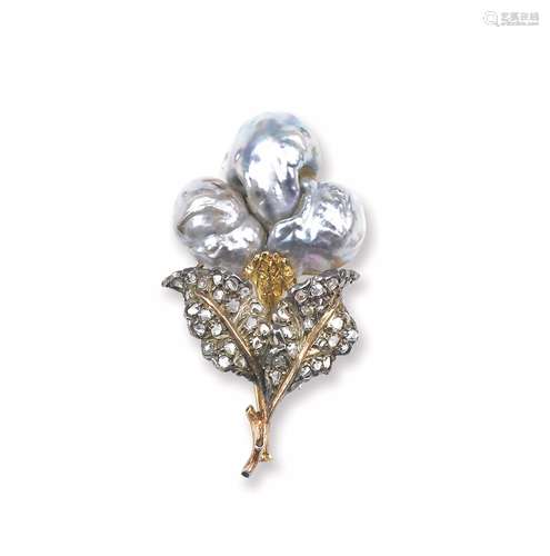 A pearl, gold and silver brooch. Buccellati