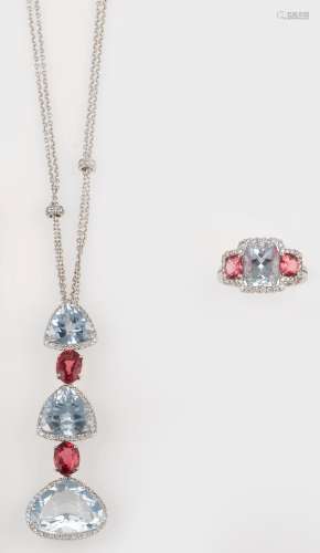 A group including an aquamarine, tourmaline and diamond necklace and a ring