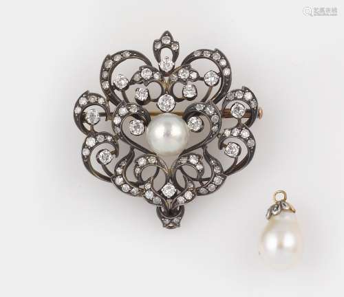 A diamond, gold and silver brooch and a pearl pendant