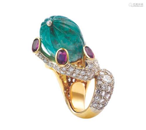 A cabochon emerald, diamond and ruby ring