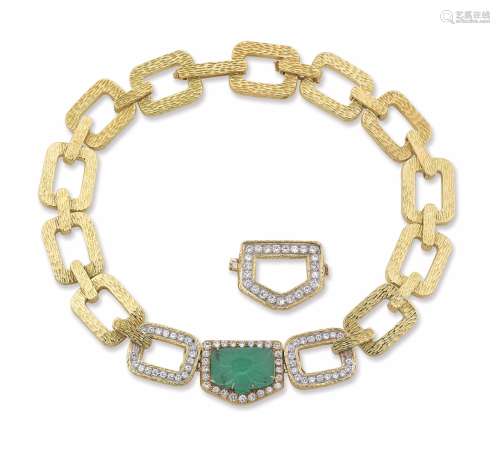 A gold, diamond and carved emerald necklace