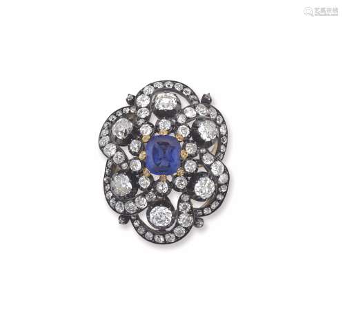 A sapphire, diamond and silver brooch