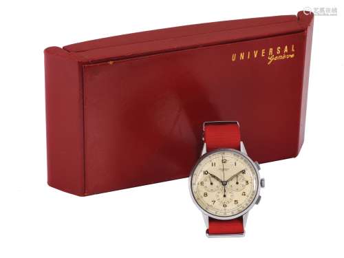 UNIVERSAL, GENEVE, “Compax”, No. 378111, Ref. 22531, rare and  large stainless “Enversteel” wristwatch with square button chronograph, registers and tachometer. Accompanied by the original box. Made circa 1940