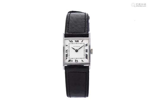 JUVENIA, case No. 690936, Ref. 7342X, 18K white gold, square lady's wristwatch with steel Juvenia buckle. Accompanied by the original box and Guarantee. Made circa 1960