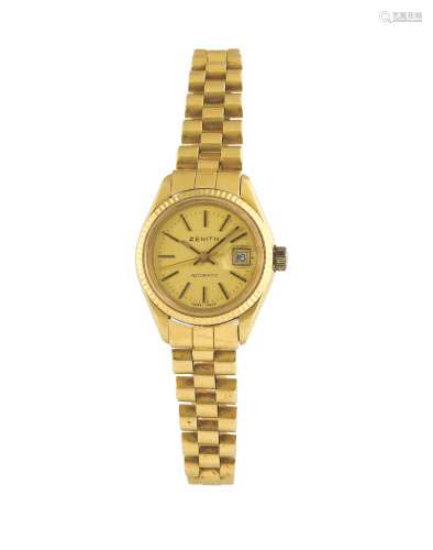ZENITH, self-winding, water resistant, 18K yellow gold lady's wristwatch with date and an 18K yellow gold bracelet. Made in the 1970's.