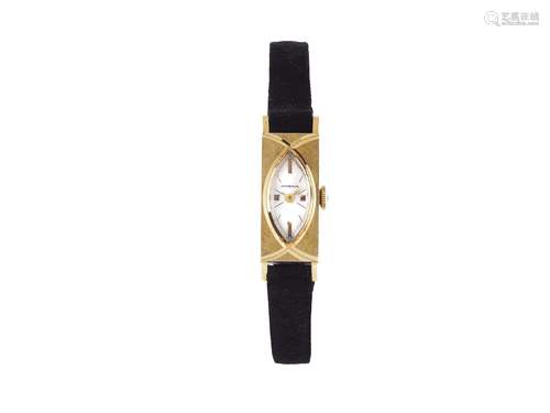 JUVENIA, case no. 682272, Ref 7331, 18K yellow gold rectangular lady's wristwatch with gold plated Juvenia buckle. Accompanied by the original box and Guarantee. Made circa 1960